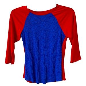 Chances R | Medium | Red & Blue Lace Long Sleeve Round Neck T-Shirt